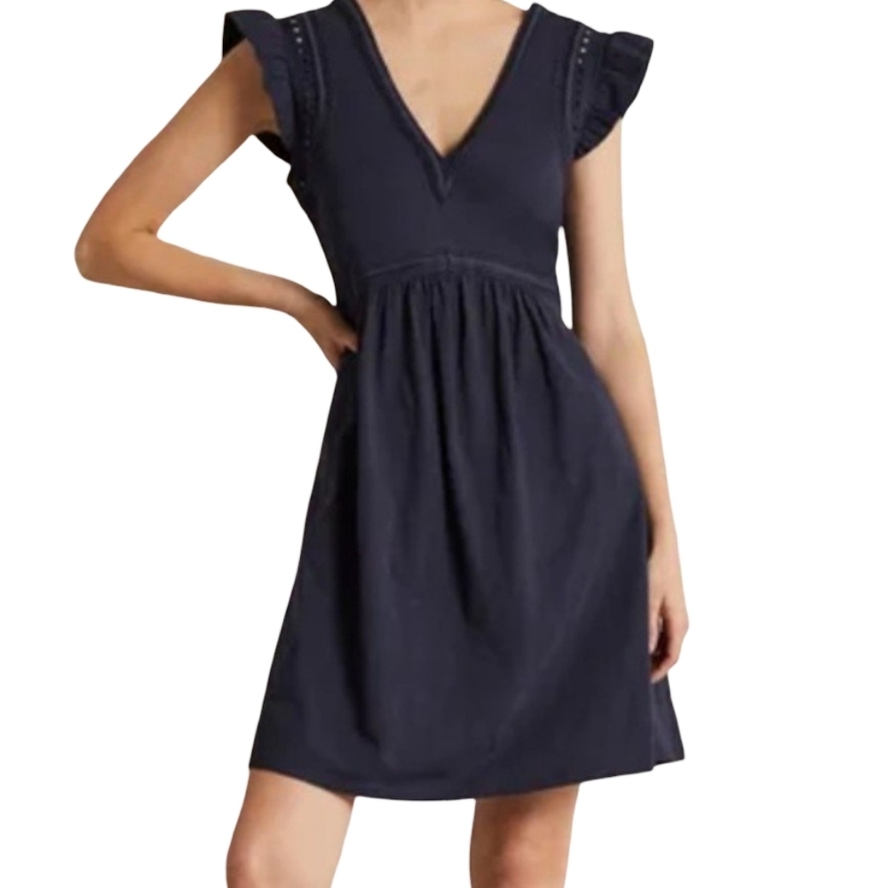 Boden Empire Detail Navy Ruffle Sleeve Jersey Dress Size 12 - Picture 2 of 10